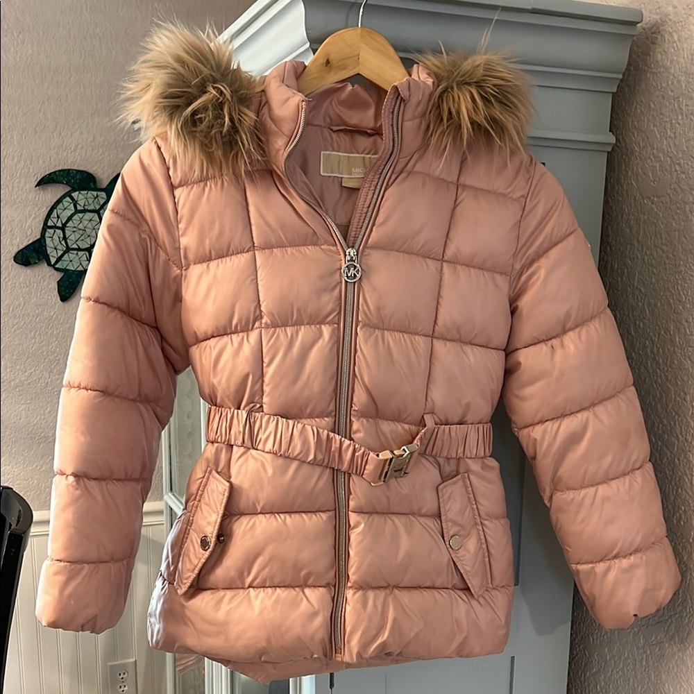 Michael Kors Pink Puffer Jacket with Fur Hood and Belt
